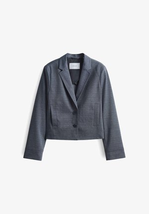 Blazer grigio scuro, corto, realizzato in tessuto liscio con revers a punta, chiusura a due bottoni e tasche laterali. Design semplice, minimi accenti.