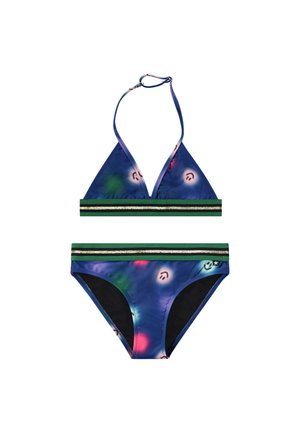 To-delt bikini sett med trekantet topp og matchende underdel. Stoffet er multifarget med blå base, grønne striper og metalliske detaljer.