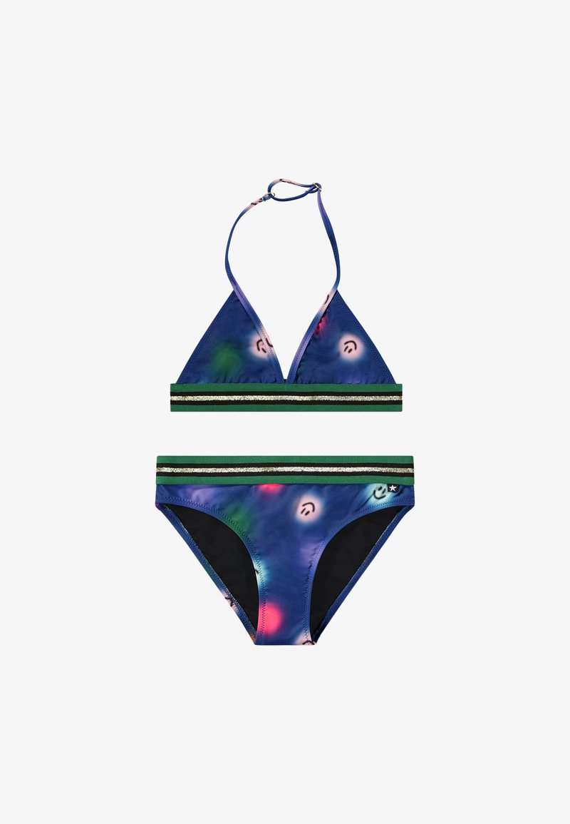 Two-piece bikini set featuring a triangle top and matching bottom. The fabric is multicolored with a blue base, green stripes, and metallic accents.