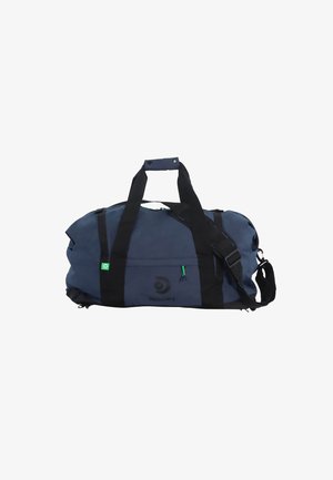 Navy duffel bag with black straps, green accents, and a zippered pocket. Features a shoulder strap and logo on the side. Durable fabric.