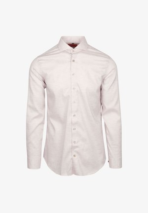 Helles rosa Langarmhemd mit knöpfbarem Frontverschluss, subtiler Textur, Kentkragen und abgerundeten Manschetten. Verfügt über weiße Knöpfe entlang der Knopfleiste.