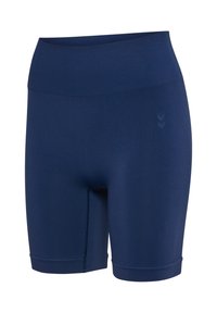 Navy blue high-waisted athletic shorts with ribbed waistband and subtle chevron logo on upper thigh.