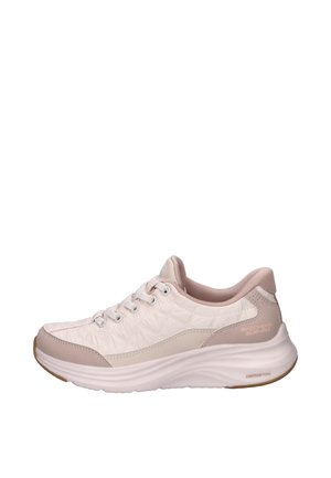 Light pink Skechers Slip-Ins sneaker with quilted fabric, lace-up front, cushioned sole, and "Contour Foam" branding on the side.