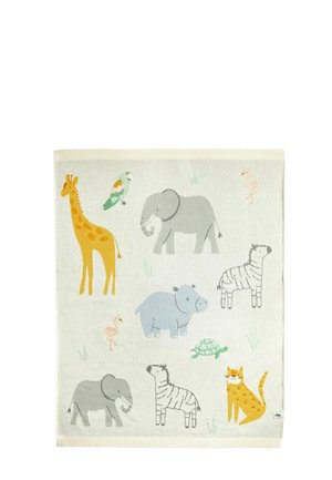 Tæppe med tegneseriefigurer af dyr, herunder to elefanter, to zebraer, en giraf, en flodhest, en skildpadde, en kat, to flamingoer og en fugl på en lys baggrund.