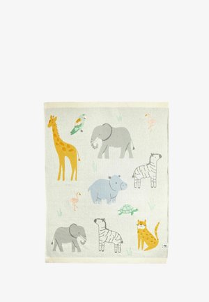 Tæppe med tegneseriefigurer af dyr, herunder to elefanter, to zebraer, en giraf, en flodhest, en skildpadde, en kat, to flamingoer og en fugl på en lys baggrund.