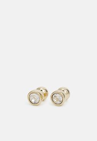 Boucles d'oreilles clou en ton doré, avec un centre en cristal transparent rond, entouré d'une monture lisse, avec une finition polie et un design compact.