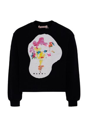 Felpa nera corta con parte anteriore bianca caratterizzata da un'illustrazione di un viso astratto colorato e il nome del brand "MARNI" stampato sotto.
