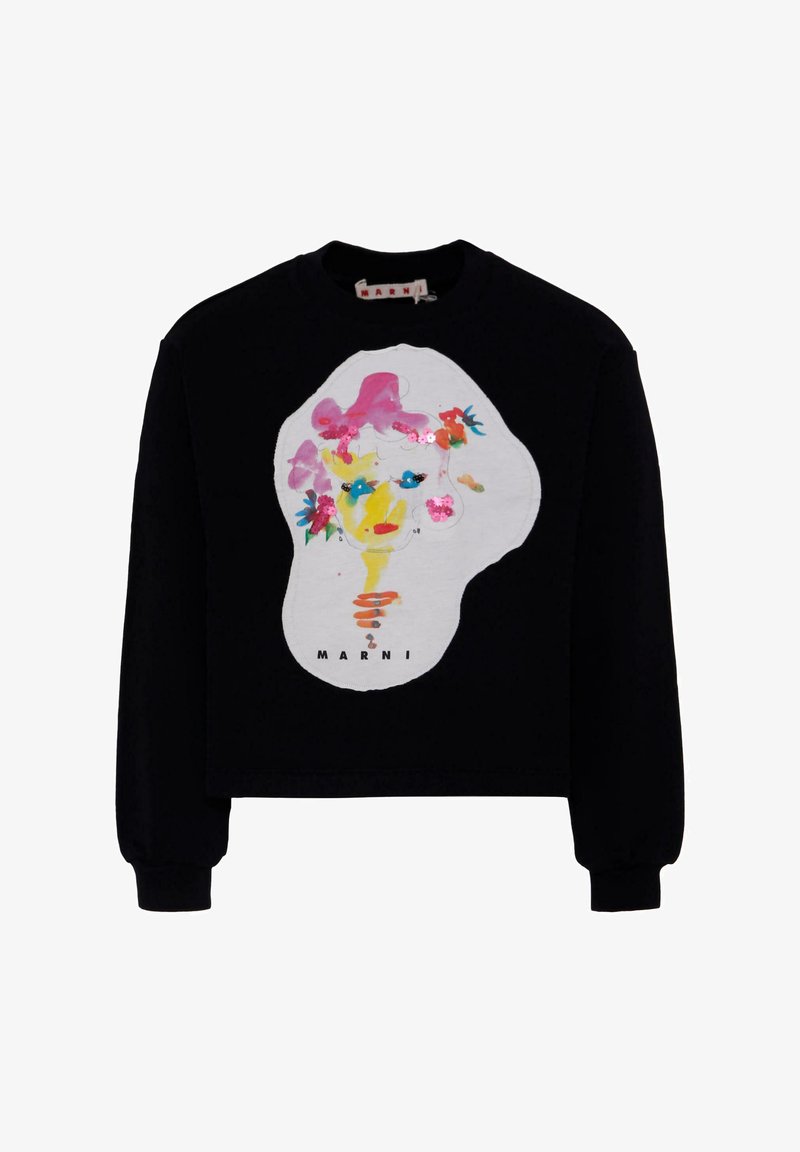 Sweatshirt noir court avec un devant blanc présentant une illustration de visage abstrait coloré et le nom de la marque "MARNI" imprimé en dessous.