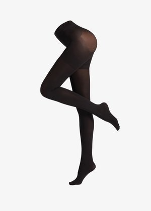 Czarne, nieprzezroczyste rajstopy o gładkiej fakturze, bezszwowym kroju i matowym wykończeniu, z wzmocnionym palcem.