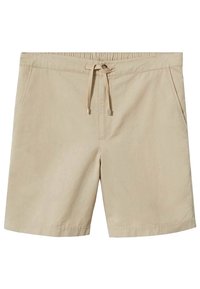 Pantaloni corti in cotone beige con vita elastica, chiusura con cordino e due tasche laterali. Texture liscia e taglio dritto.