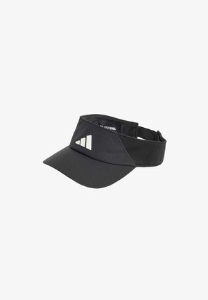 Schwarze Visor-Cap aus leichtem Stoff, mit einer soliden Textur und einem weißen Logo. Verstellbarer Riemen auf der Rückseite für die Passform.