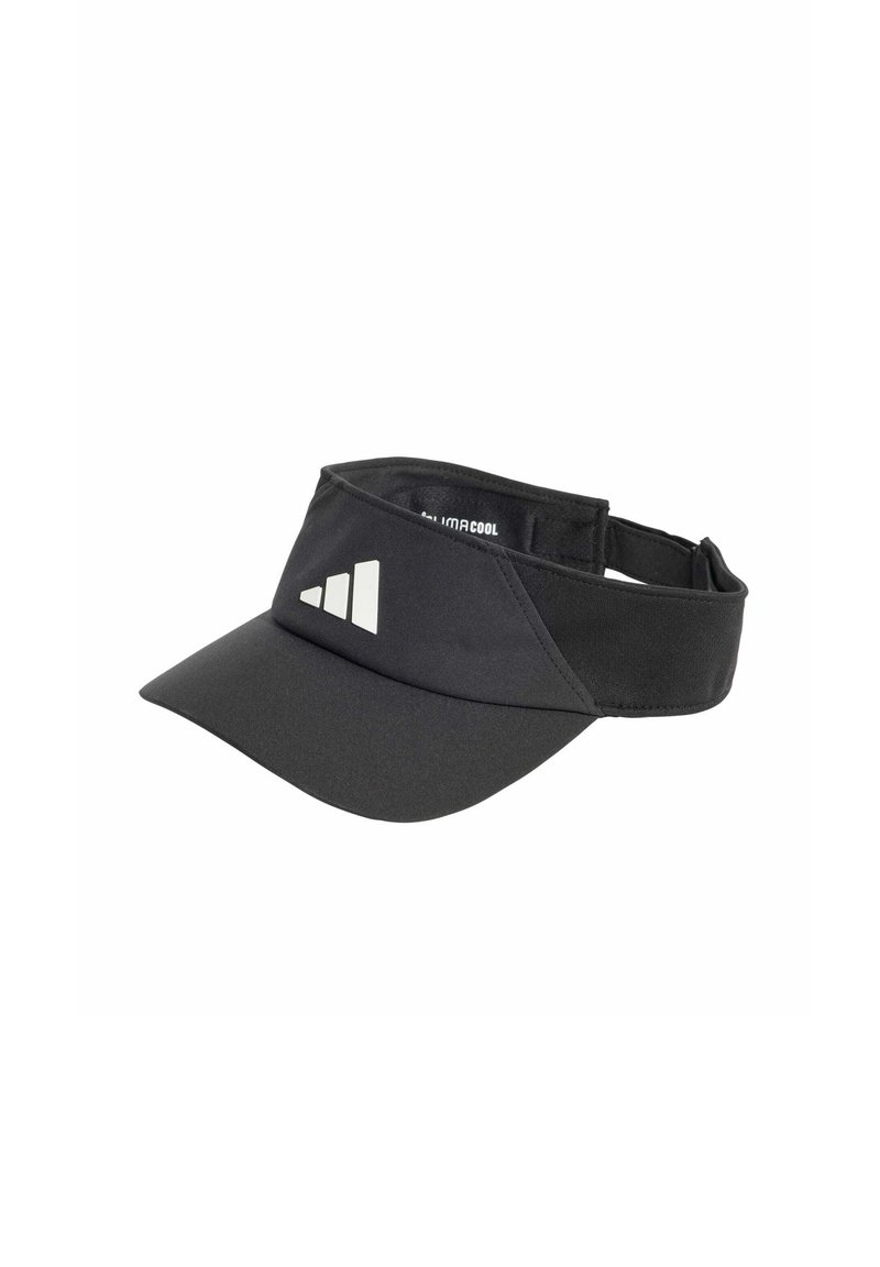 Casquette visière noire en tissu léger, dotée d'une texture solide et d'un logo blanc. Système de réglage à l'arrière pour un ajustement optimal.