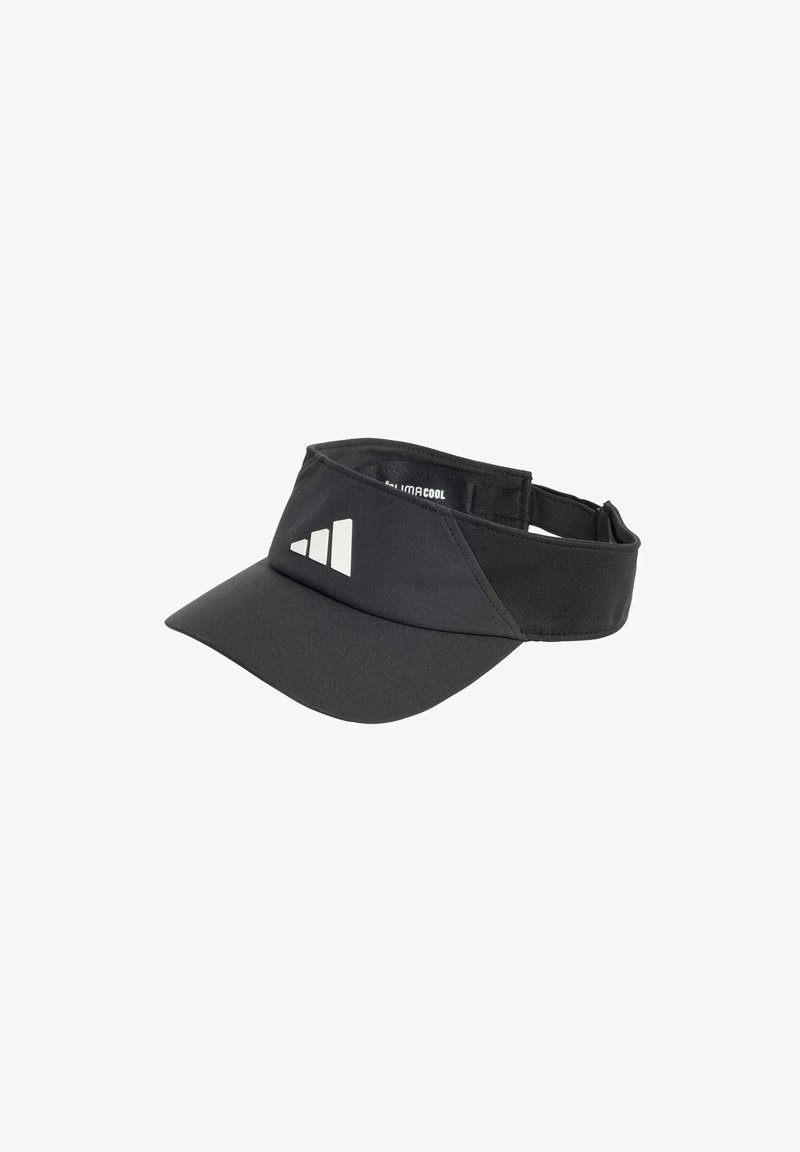 Gorra visera negra hecha de tela ligera, con una textura sólida y un logo blanco. Cinta ajustable en la parte posterior para mayor comodidad.