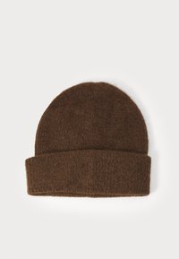 Bonnet en laine marron avec un revers replié, doté d'une texture douce et d'un sommet arrondi. Design simple, adapté à un usage décontracté.