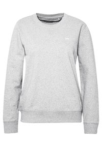 Felpa grigia con maniche lunghe, collo a giro, e una trama sottile. Presenta un piccolo logo bianco sul petto e polsini e orlo a coste.