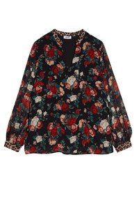 Blusa a maniche lunghe in tessuto trasparente, con un motivo floreale in rosso, bianco e verde su sfondo nero, con polsini a stampa leopardata.