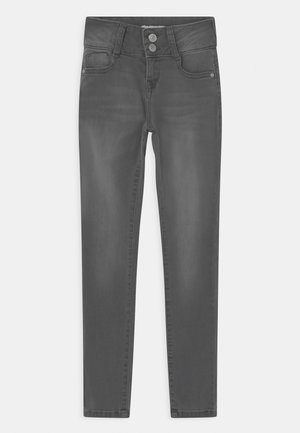 Grijze denim jeans met een slim fit, voorzien van een middelhoge taille, twee voorkezen en een knoopsluiting met dubbele knopen. Soepele textuur.