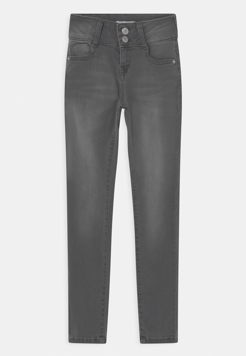 Grijze denim jeans met een slim fit, voorzien van een middelhoge taille, twee voorkezen en een knoopsluiting met dubbele knopen. Soepele textuur.