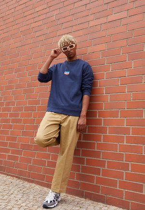 Sweatshirt bleu marine avec logo rouge Levi's, pantalon beige et baskets à motifs. Le mannequin pose devant un mur en briques, portant des lunettes de soleil blanches surdimensionnées.