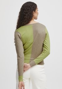 Maglione aderente a maniche lunghe con un design a blocchi di colore marrone e verde, texture morbida e polsini a coste. La vista posteriore mostra linee e cuciture pulite.