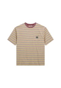 Gestreiftes T-Shirt mit kurzen Ärmeln, das gelbe, pinke und dunkelrote Streifen aufweist. Es hat einen runden Halsausschnitt und eine kleine aufgenähte Brusttasche.
