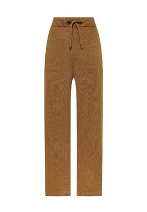 Pantaloni marroni in maglia con una vita alta e un laccio. Design a gamba dritta con un motivo strutturato in tutta la superficie.