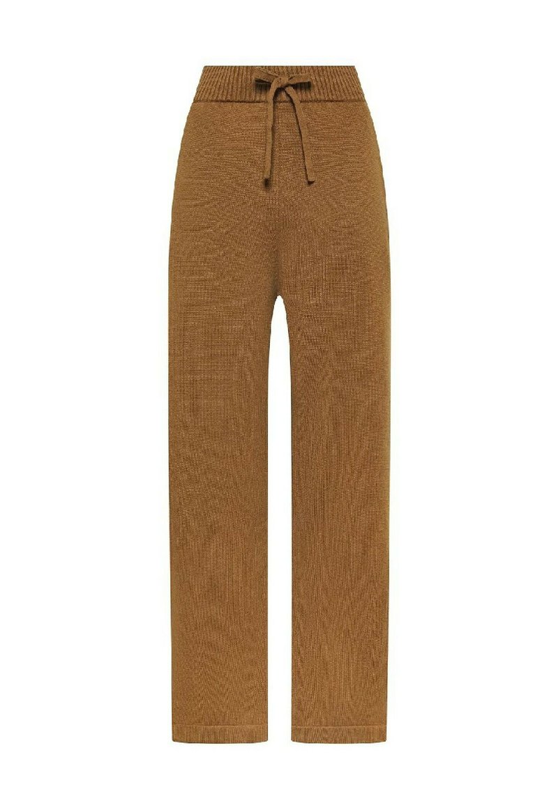 Pantaloni marroni in maglia con una vita alta e un laccio. Design a gamba dritta con un motivo strutturato in tutta la superficie.