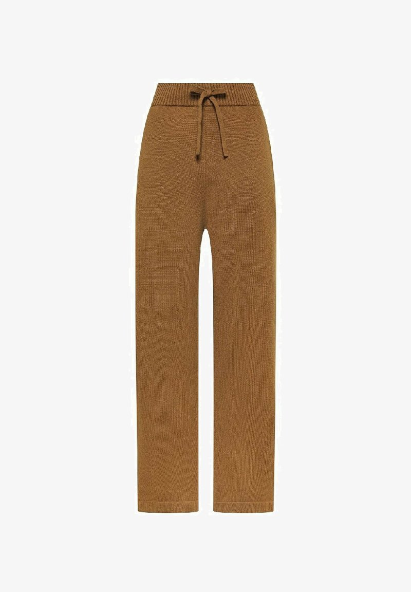 Pantaloni marroni in maglia con una vita alta e un laccio. Design a gamba dritta con un motivo strutturato in tutta la superficie.