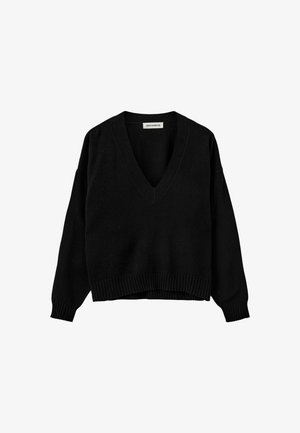 Musthave musternoolest v-kaelusega must soe kampsun, millel on pikad varrukad ja soonikserv. Pehme tekstuur ja lõdvestunud lõige, sobib ideaalselt kihiti kandmiseks.