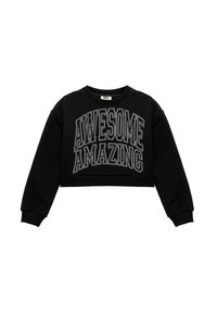 Sudadera corta negra hecha de tela suave que presenta el texto en strass blanco "AWESOME AMAZING" en la parte frontal, con puños y cuello acanalados.
