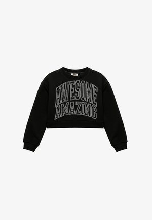 Sudadera corta negra hecha de tela suave que presenta el texto en strass blanco "AWESOME AMAZING" en la parte frontal, con puños y cuello acanalados.