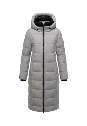 Cappotto lungo grigio imbottito con cappuccio, dotato di zip anteriore, design trapuntato e fodera interna nera. Include tasche laterali e polsini elasticizzati.