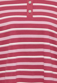 Striped T-shirt in burgundy and pink shades with white and light pink stripes. Features a short placket with two decorative buttons.