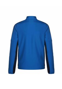 Blauwe sportjacket met lange mouwen, hoge kraag en zwarte zijpanelen. Gladde textuur, casual ontwerp en geen zichtbare versieringen.