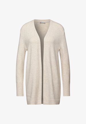 Lichtbeige cardigan gemaakt van zachte stof, met een V-hals, open voorkant, lange mouwen en geribbelde manchetten voor extra textuur.