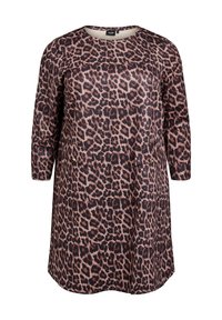 Abito animalier con maniche lunghe, collo tondo, in tonalità di marrone e nero, caratterizzato da un tessuto morbido e una silhouette comoda.