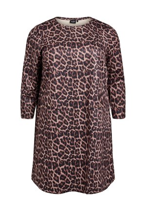 Šaty s leopardím vzorom, dlhé rukávy, okrúhly výstrih, v odtieňoch hnedej a čiernej, s jemnou tkaninou a voľným strihom.