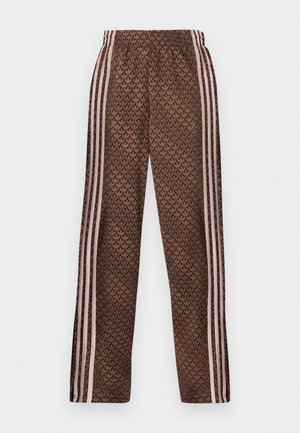 Καφέ παντελόνια φόρμας με ανοιχτό ροζ κάθετες ρίγες στα πλαϊνά και επαναλαμβανόμενο σχέδιο φύλλων σε όλη την επιφάνεια, ελαστική μέση, εφαρμοστή ίσια γραμμή στα πόδια.