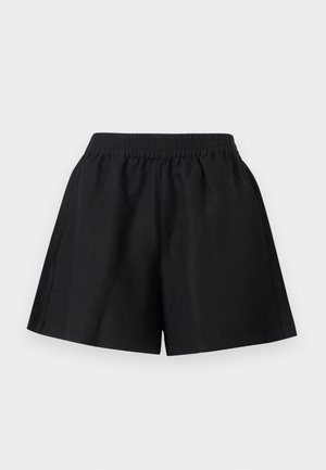 Μαύρα σορτς με ελαστική μέση, φαρδιά μπατζάκια και μινιμαλιστικό σχέδιο σε ανοιχτό γκρι φόντο.