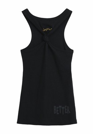 Black tank top with a twisted back design. Features "BETTER" printed in a contrasting color near the hem. Made from soft, stretchy fabric.