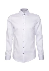 Witte blouse met lange mouwen van gladde stof, voorzien van zwarte knopen, een gestructureerde kraag en een gemustreerde voering in de kraag.