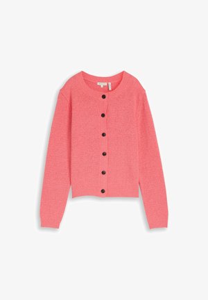 Rosa gestrickter Cardigan mit langen Ärmeln, rundem Halsausschnitt und sechs schwarzen Knöpfen vorne.