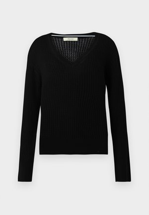Pulover negru cu mâneci lungi din tricot ribit, cu decolteu în V și manșete strânse, prezentat pe un fundal alb.