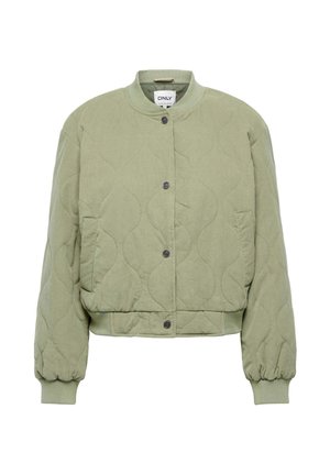 Prešivena bomber jakna u prigušenoj zelenoj boji, izrađena od teksturirane tkanine. Ima zaobljeni ovratnik, kopče na drukere i elastične manžete te donji rub.