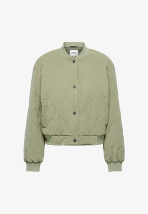 Quiltet bomberjakke i afdæmpet grøn, lavet af tekstureret stof. Har en rundet krave, trykknapper og elastiske manchetter og kant.