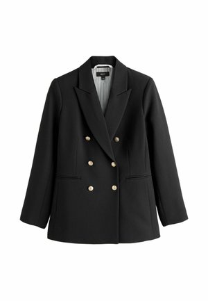 Schwarzer, doppelt breasted Blazer aus glattem Stoff, mit goldenen Knöpfen, einem gekerbten Kragen und vertikaler gestreifter Fütterung. Zwei Fronttaschen.