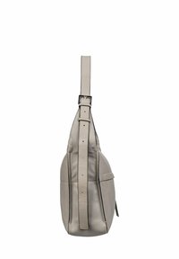 Szara skórzana torebka na ramię o okrągłym kształcie, z regulowanym paskiem i minimalnymi szwami. Posiada boczną kieszeń i gładką fakturę.