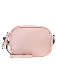 Borsa crossbody in pelle rosa con forma rettangolare, chiusura zip e una sottile tracolla regolabile. Presenta dettagli cuciti e un design minimale.