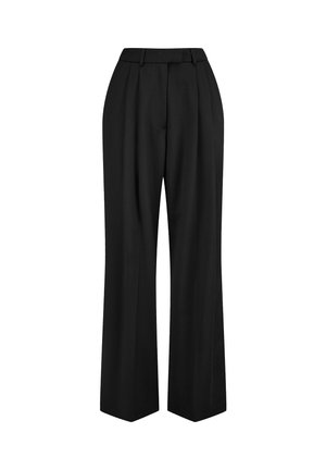 Zwarte wijde broek van gladde stof. Heeft een hoge taille, plooien en een getailleerde pasvorm met scherpe vouwen aan de voorkant.