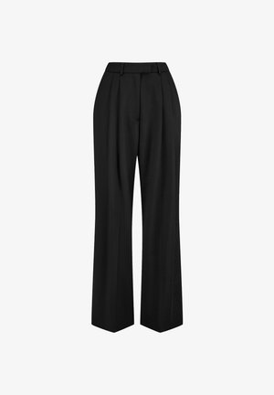 Zwarte wijde broek van gladde stof. Heeft een hoge taille, plooien en een getailleerde pasvorm met scherpe vouwen aan de voorkant.